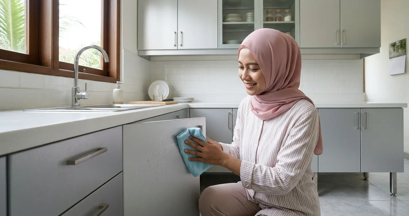 Perempuan mengelap kabinet bawah kitchen set aluminium dengan kain lembap di dapur