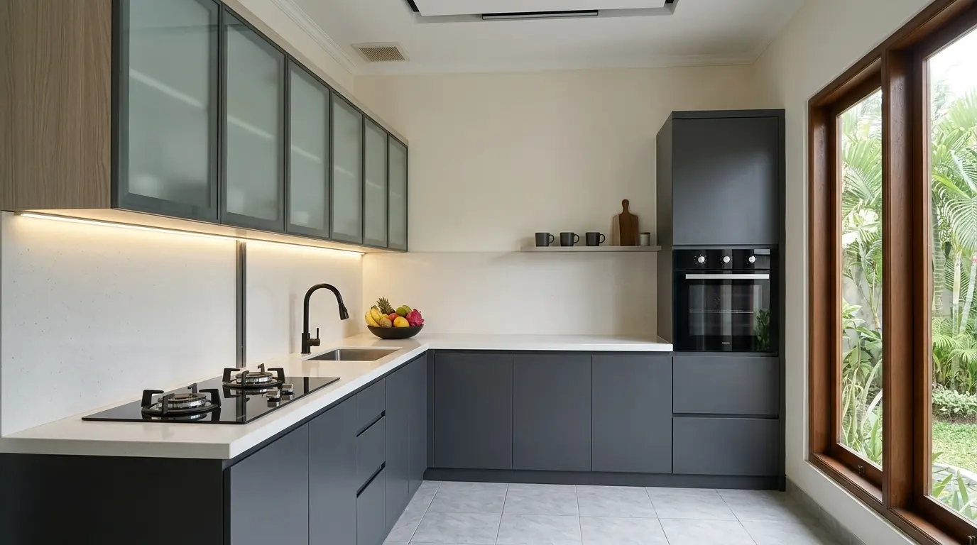Kitchen set aluminium modern dua tone dengan kabinet gantung pintu kaca dan panel motif kayu