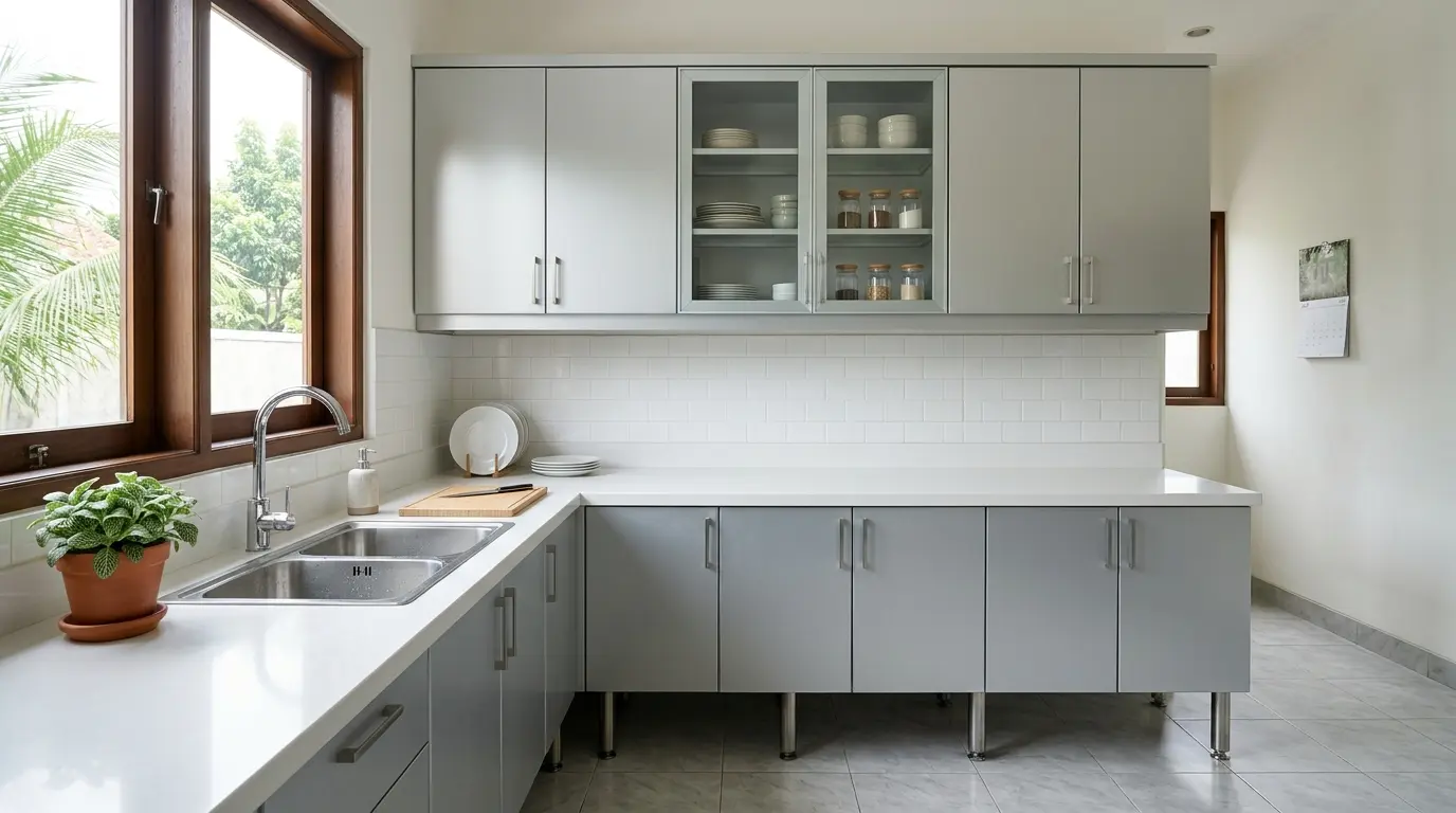 Kitchen set aluminium modern warna abu-abu dengan kabinet atas gantung dan kabinet bawah di dapur yang bersih