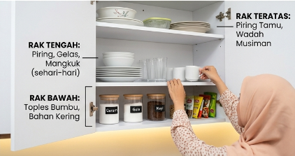 Isi kitchen set kabinet atas yang tertata rapi: piring, gelas, toples bumbu, dan bahan kering