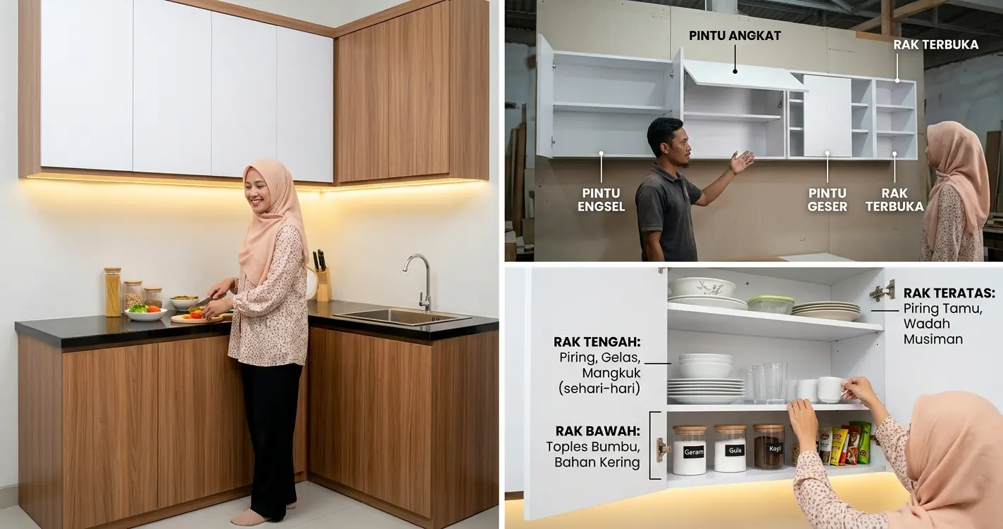 Kitchen set kabinet atas minimalis warna putih dengan lampu LED di bawah kabinet pada dapur rumah