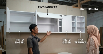 Model kitchen set kabinet atas: pintu engsel, pintu angkat, pintu geser, dan rak terbuka