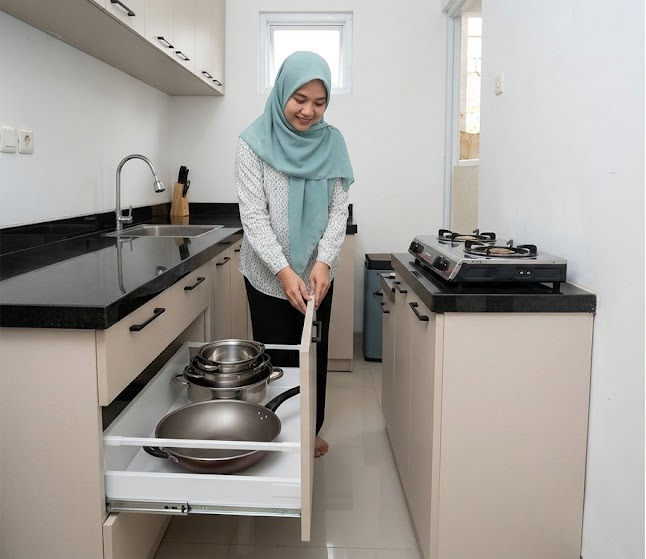 Kitchen set kabinet bawah dengan meja granit dan laci tarik di dapur rumah kecil