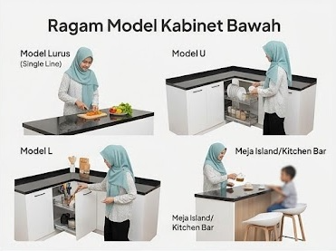 Model kitchen set kabinet bawah: lurus, L, U, dan dengan meja island