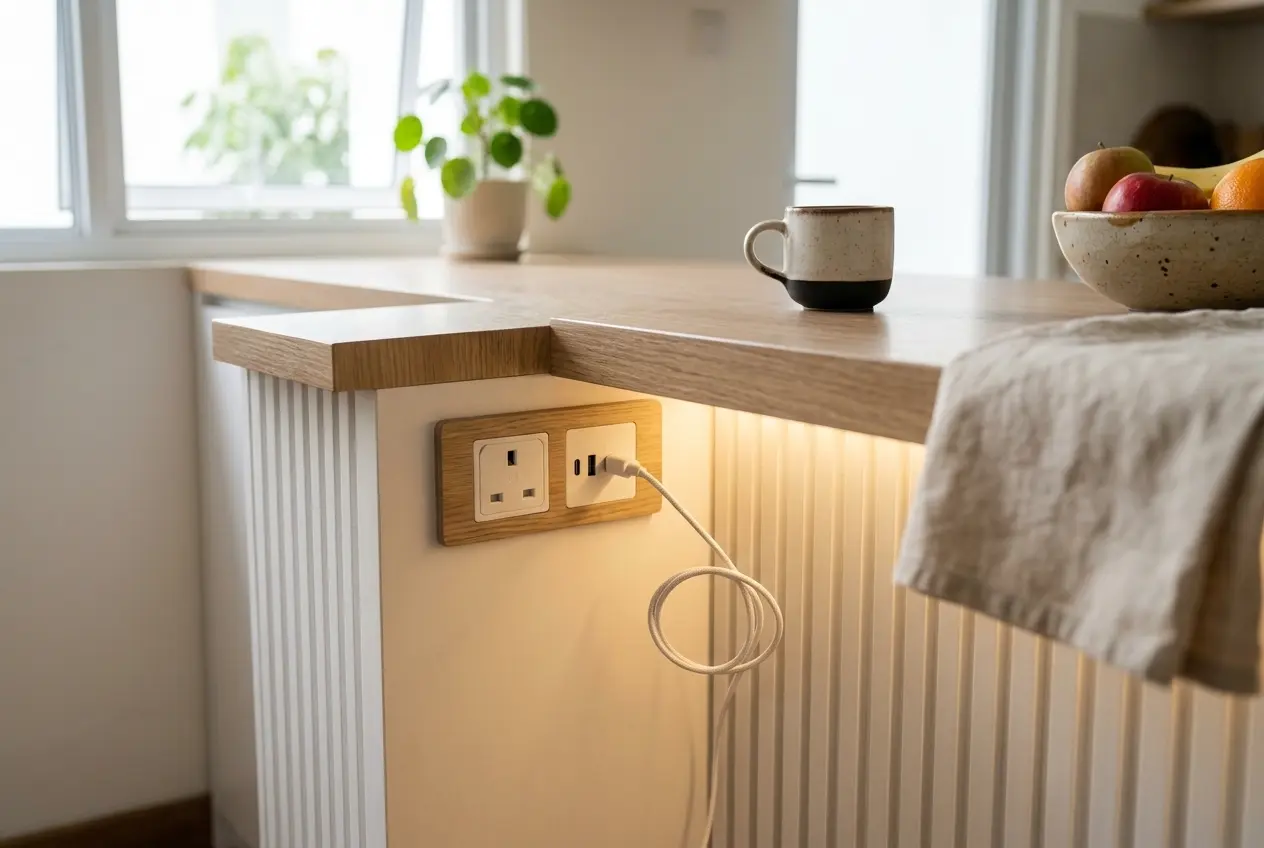 Detail meja mini bar dengan lampu LED hangat, panel bergaris, dan colokan di dapur minimalis