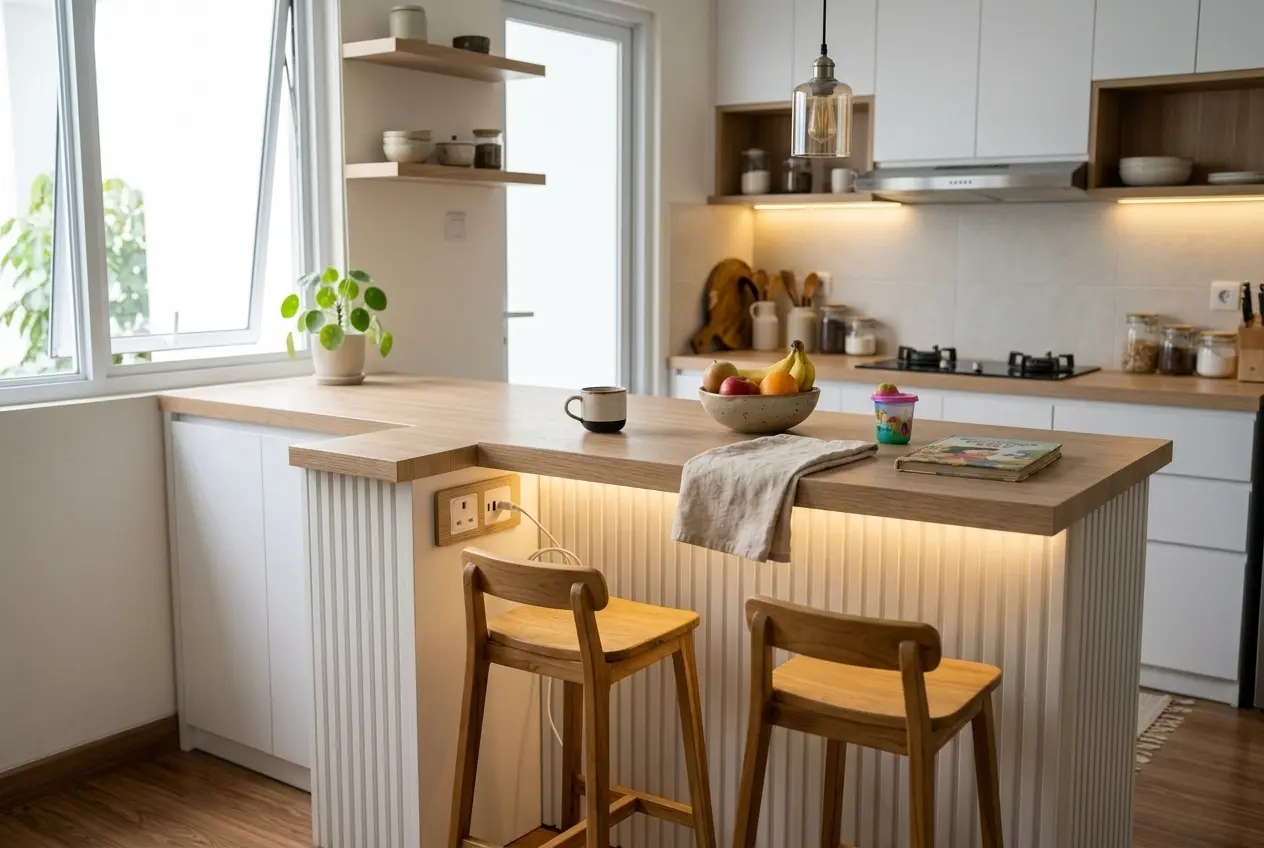Kitchen set peninsula dengan mini bar dan dua kursi bar untuk keluarga muda