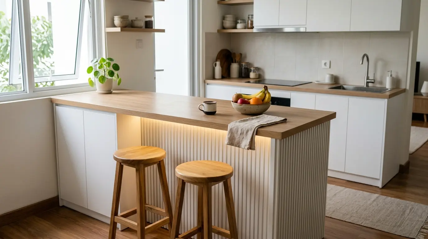 Kitchen set mini bar terbaru warna putih dan serat kayu dengan lampu LED hangat di dapur minimalis modern