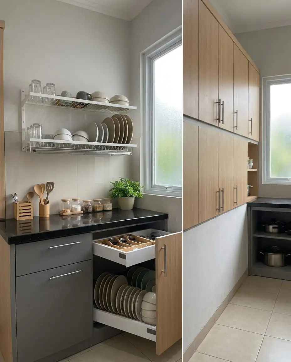Rak piring kabinet bawah dan lemari kabinet gantung di dapur sempit