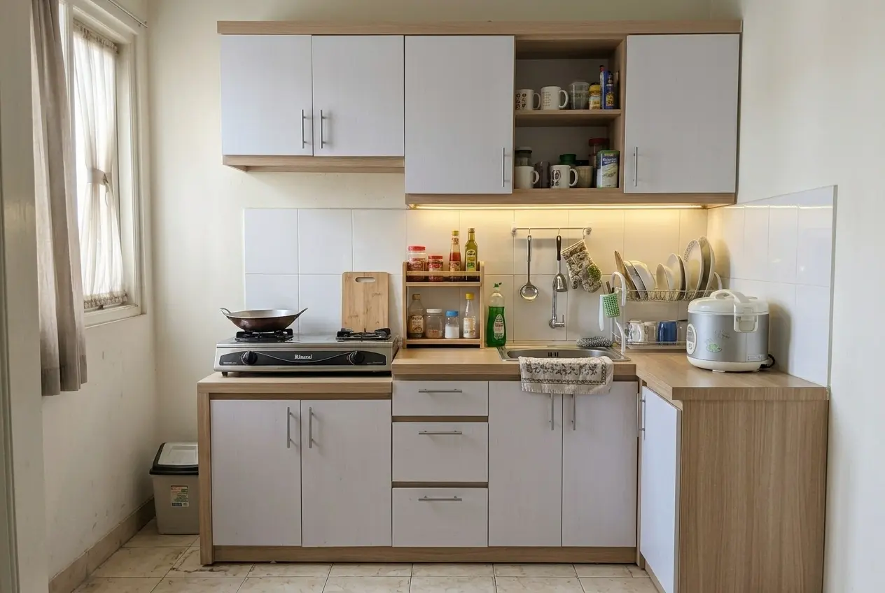 Contoh kitchen set mini murah satu baris dengan kabinet atas dan bawah untuk dapur sempit