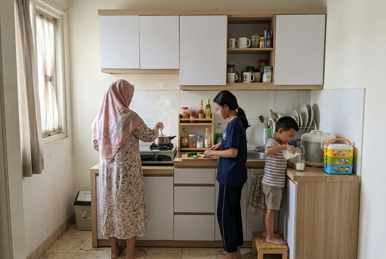 Keluarga kecil memasak bersama di dapur dengan kitchen set mini murah yang tertata rapi