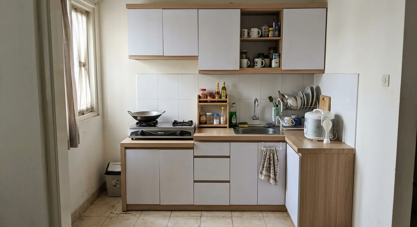 Kitchen set mini murah warna putih dan kayu di dapur sempit yang rapi