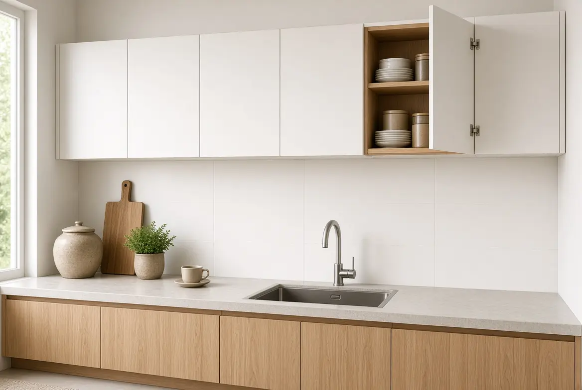 Kabinet dapur atas minimalis dengan pintu swing warna putih di atas meja kerja