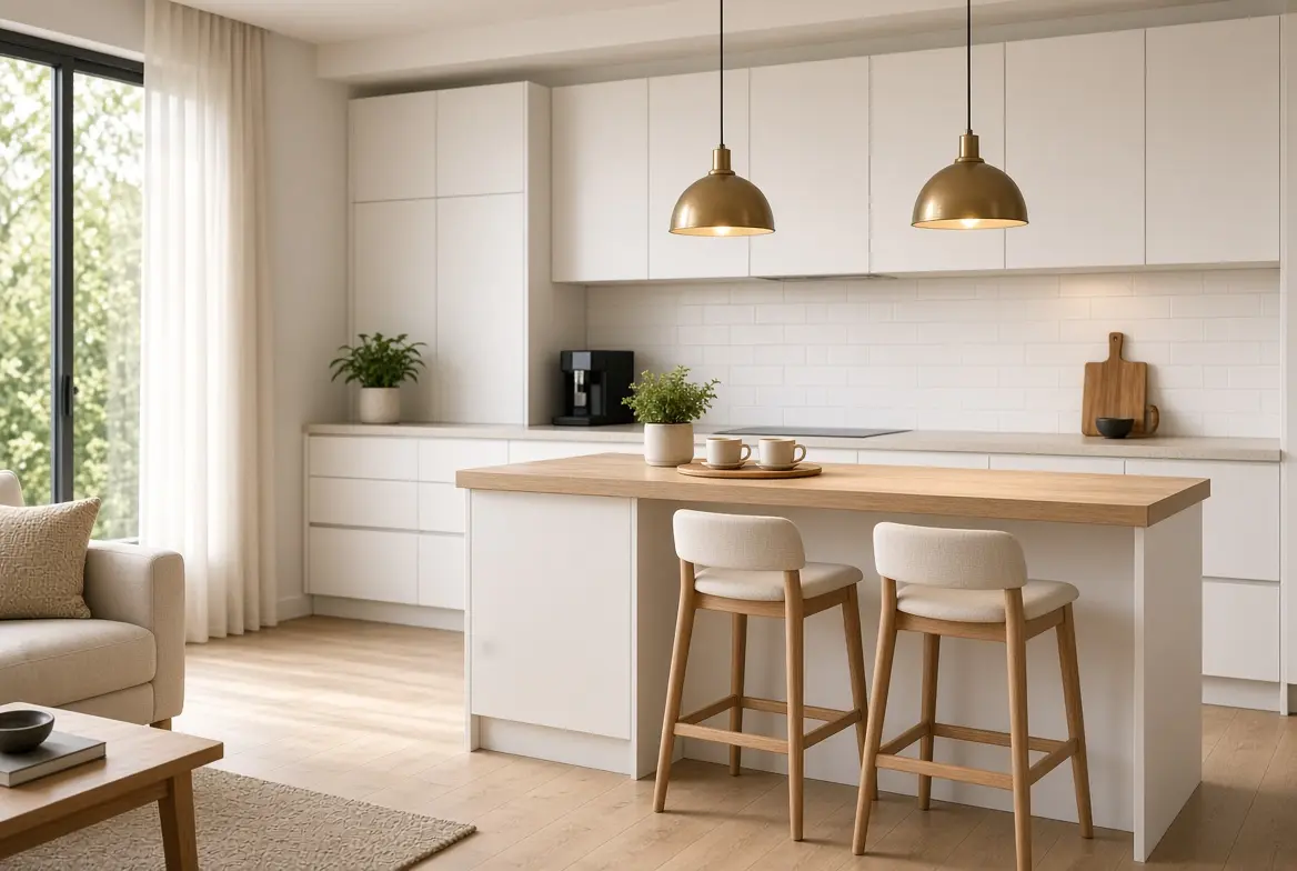 Kitchen set mini bar modern dengan dua kursi bar dan lampu gantung di dapur minimalis