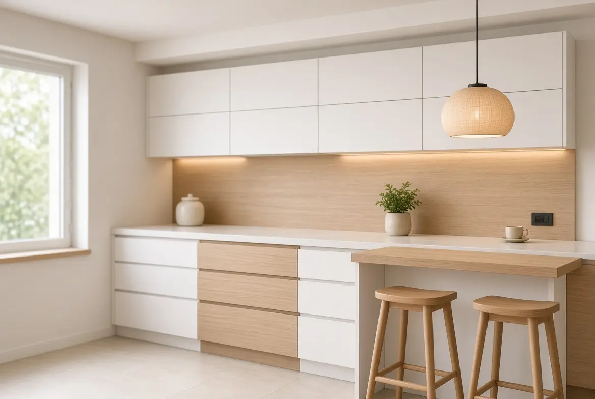 Kitchen set minimalis modern atas bawah warna putih dan kayu terang dengan mini bar di dapur yang rapi