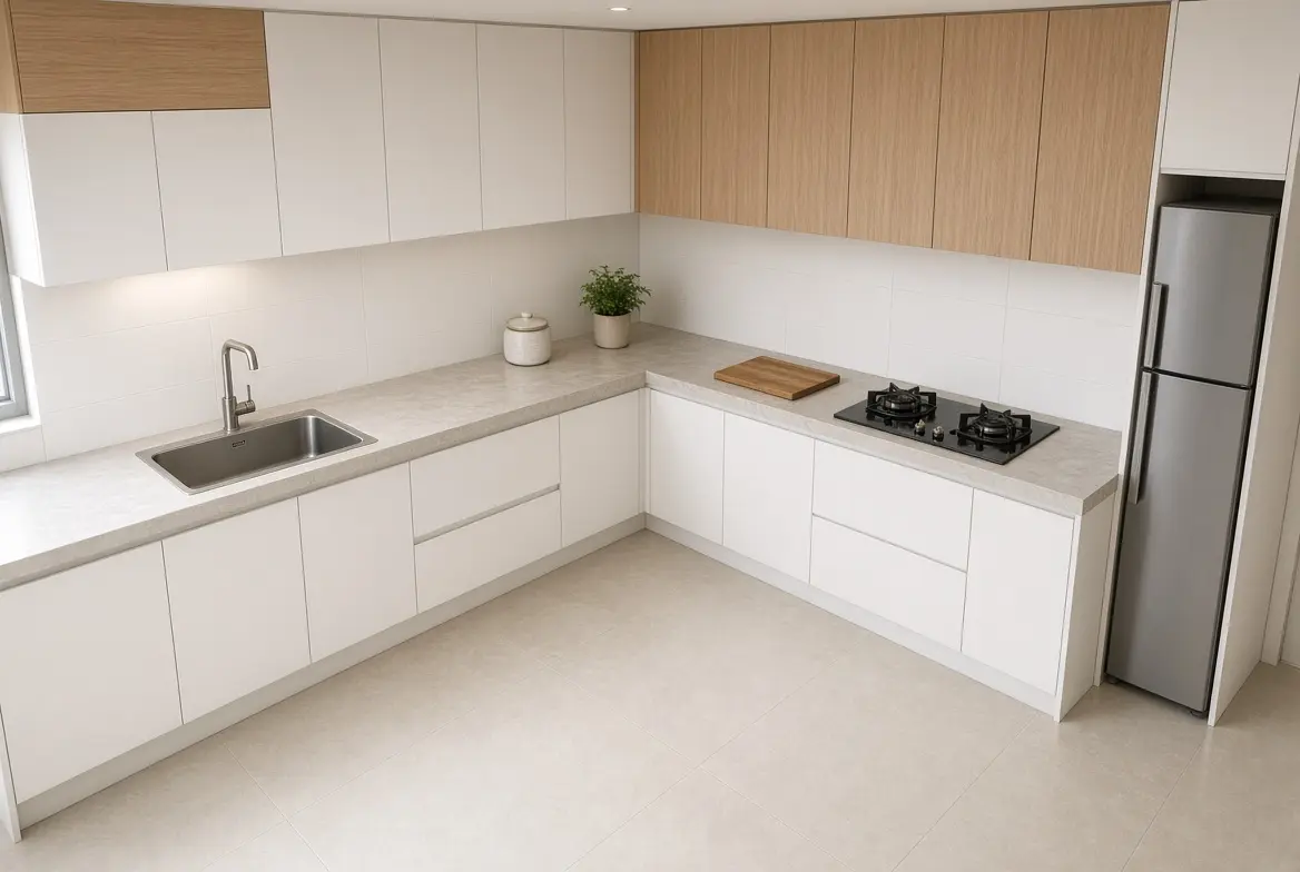 Susunan dapur minimalis model L dengan kitchen set atas bawah warna putih dan kayu terang