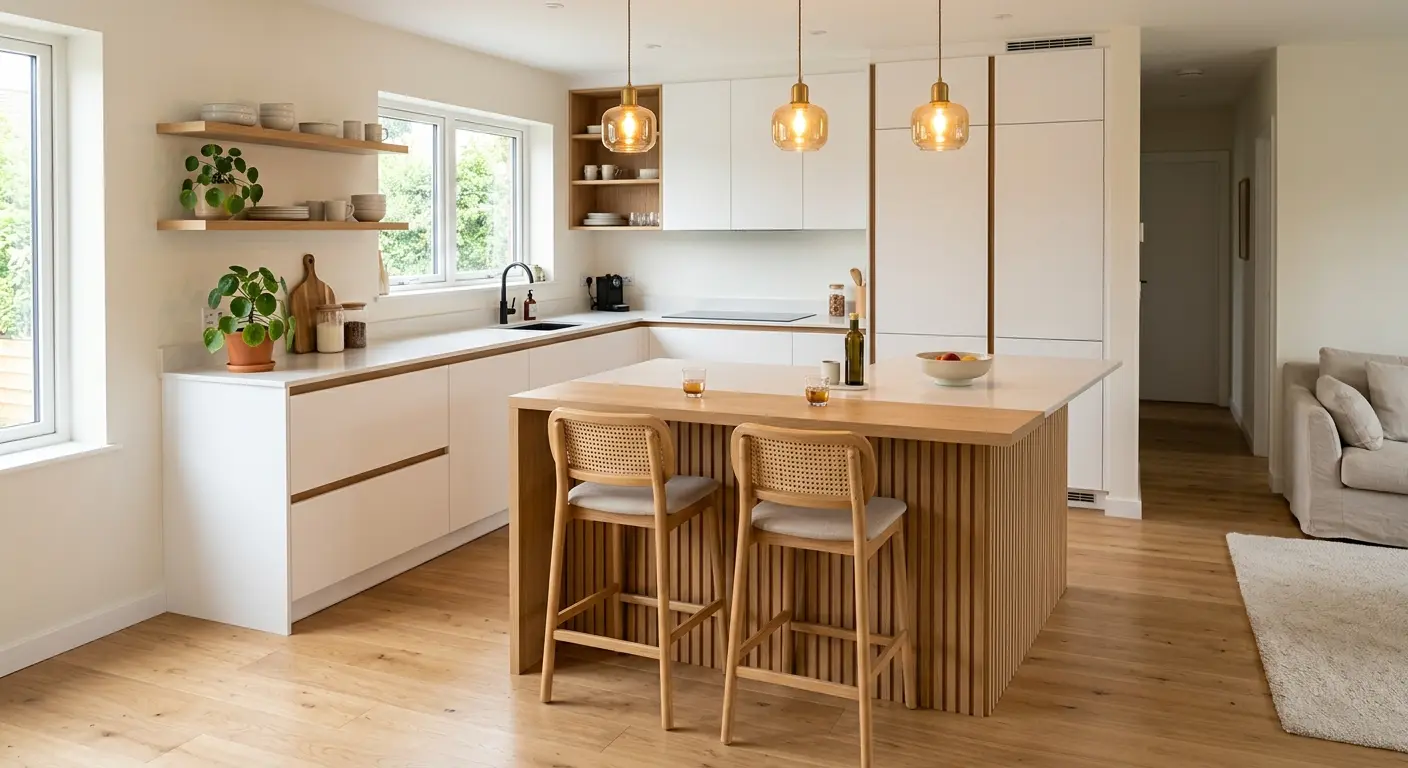 Kitchen set plus mini bar minimalis modern warna putih dan kayu dengan dua kursi bar