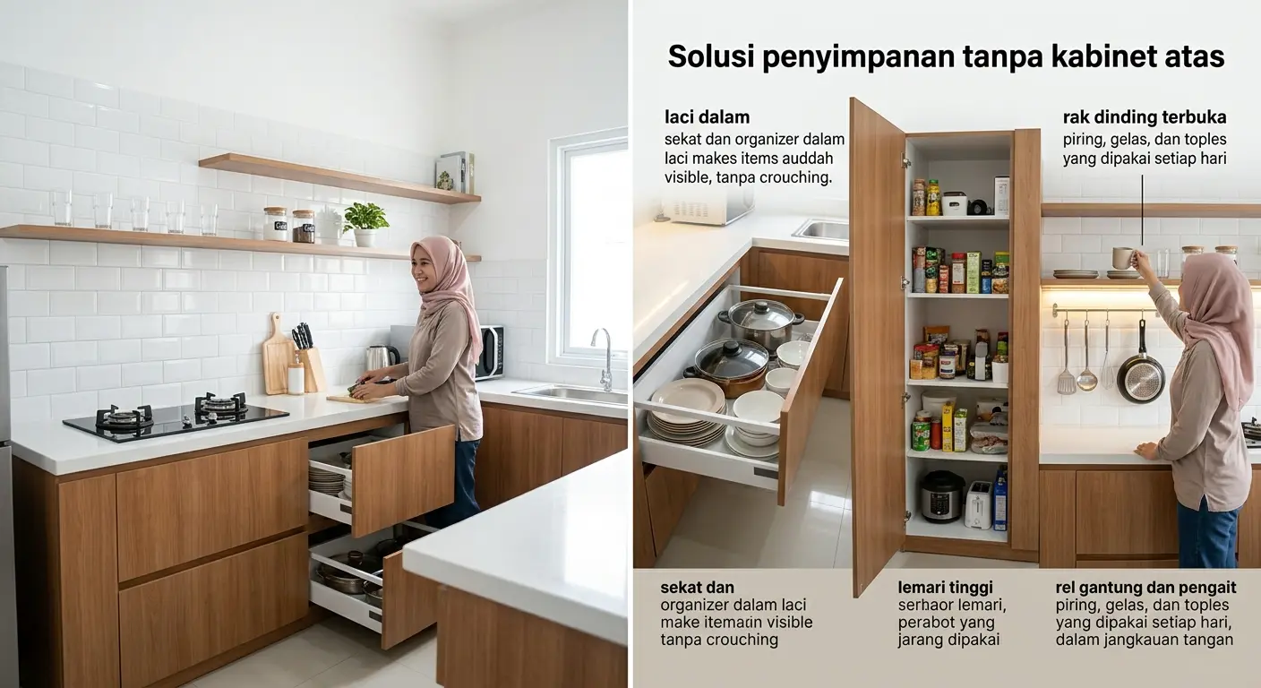 Kitchen set tanpa kabinet atas dengan backsplash terang dan rak dinding terbuka di dapur kecil