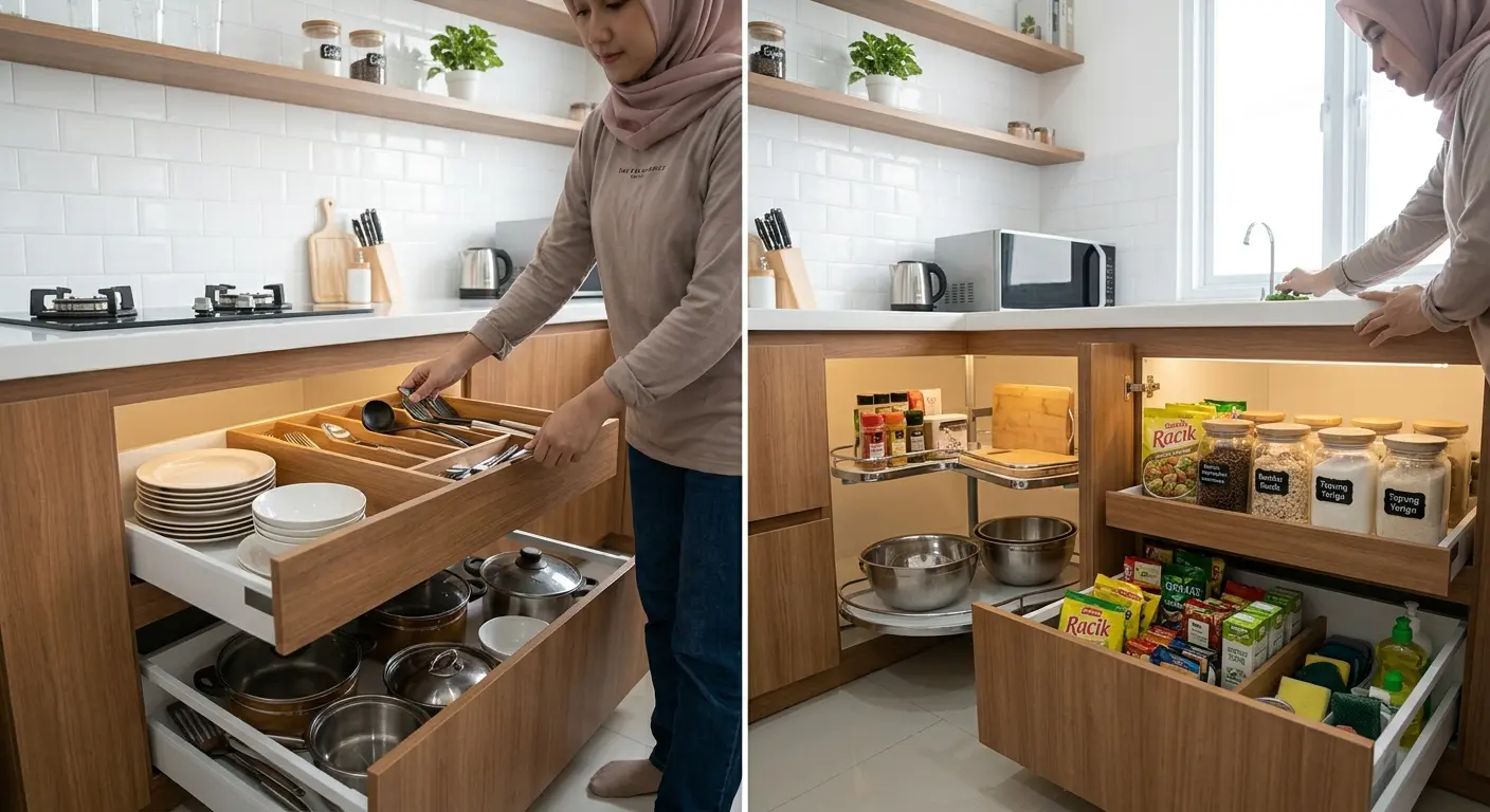 Solusi penyimpanan kitchen set tanpa kabinet atas: laci dalam, lemari tinggi, dan rak dinding terbuka