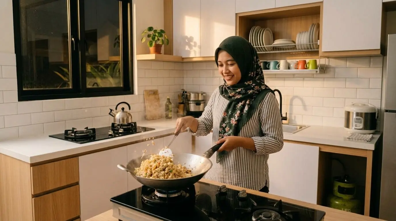 Perempuan berhijab memasak nasi goreng di dapur baru kitchen set minimalis putih dan kayu terang