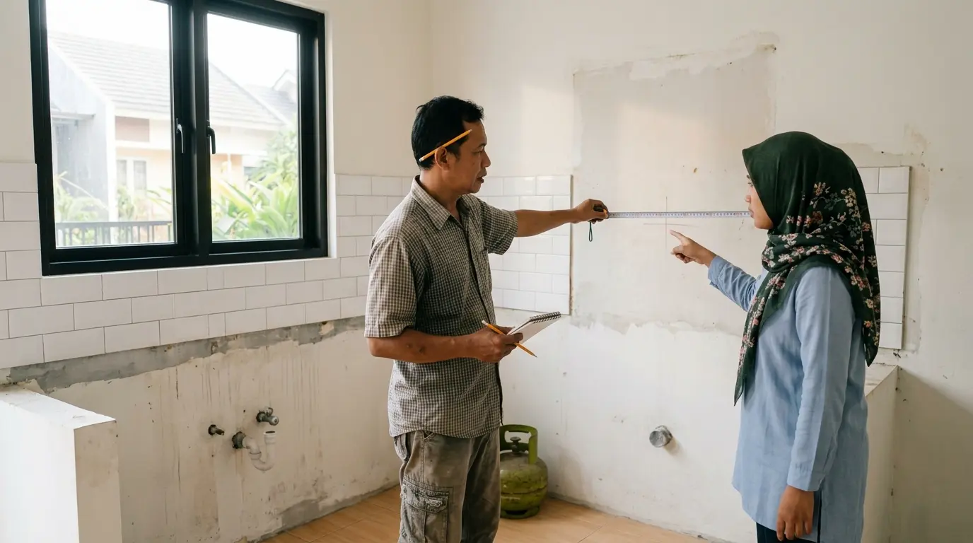 Tukang mengukur dinding dapur dengan meteran saat survei kitchen set di rumah, ditemani pemilik rumah berhijab