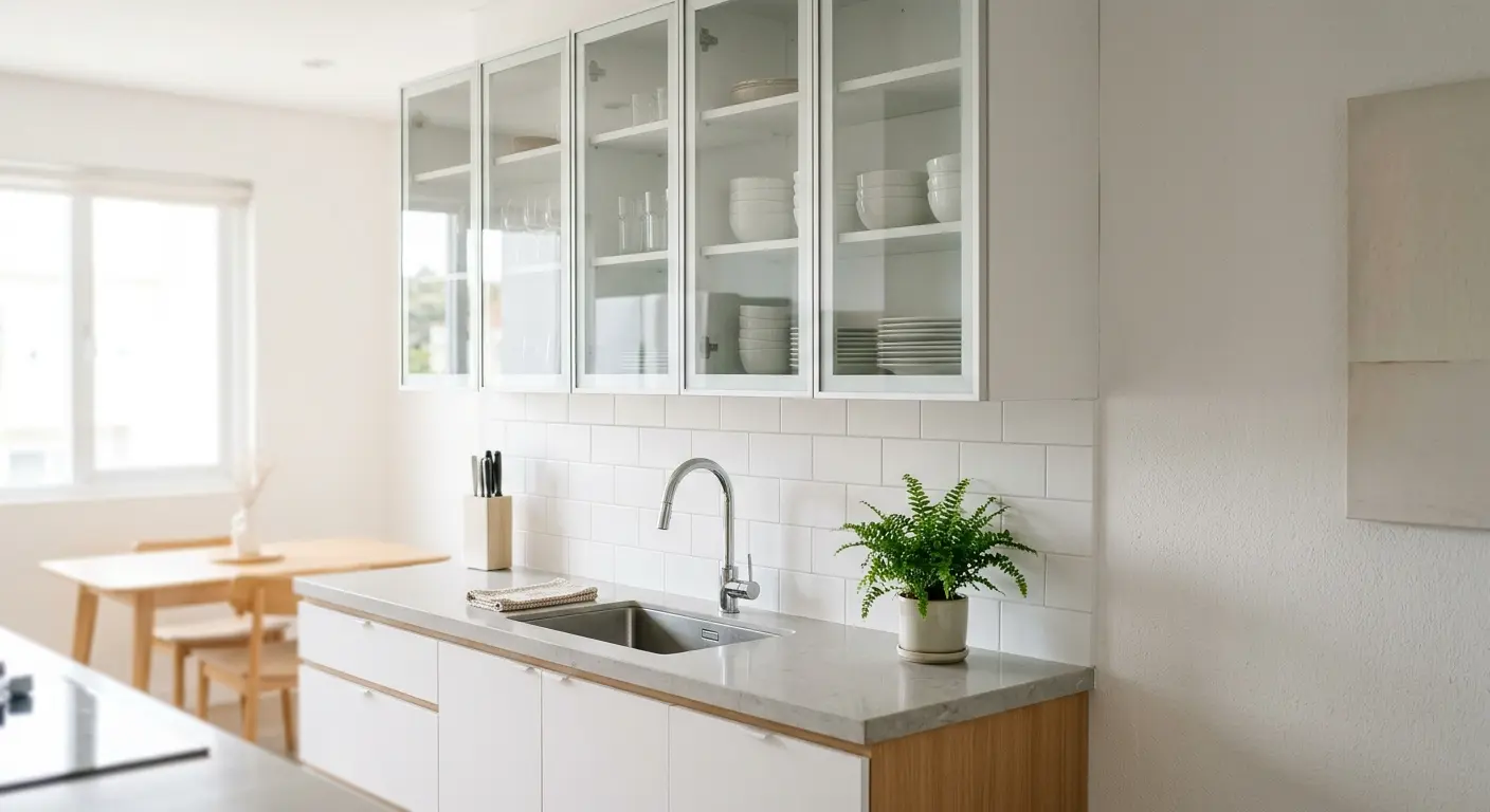 Lemari dapur aluminium gantung pintu kaca berwarna putih di dapur minimalis yang bersih