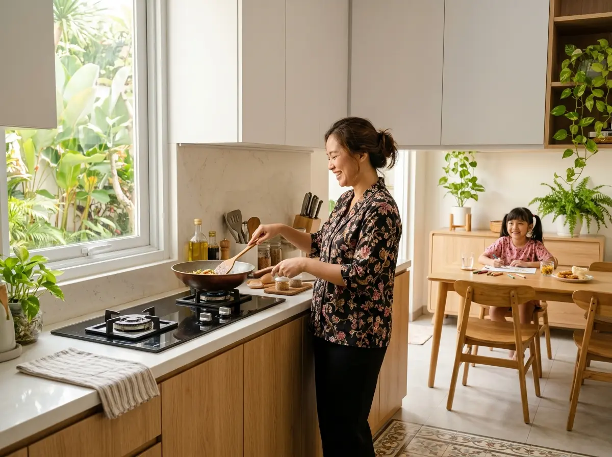 Dapur rapi dengan kitchen set lengkap, seorang ibu memasak sementara anaknya duduk di meja makan