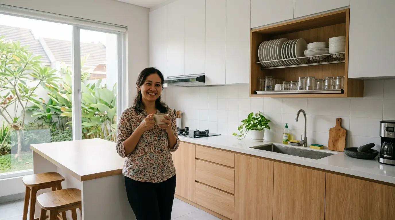 Lemari dapur kitchen set dengan lemari gantung dan lemari piring yang rapi di dapur rumah