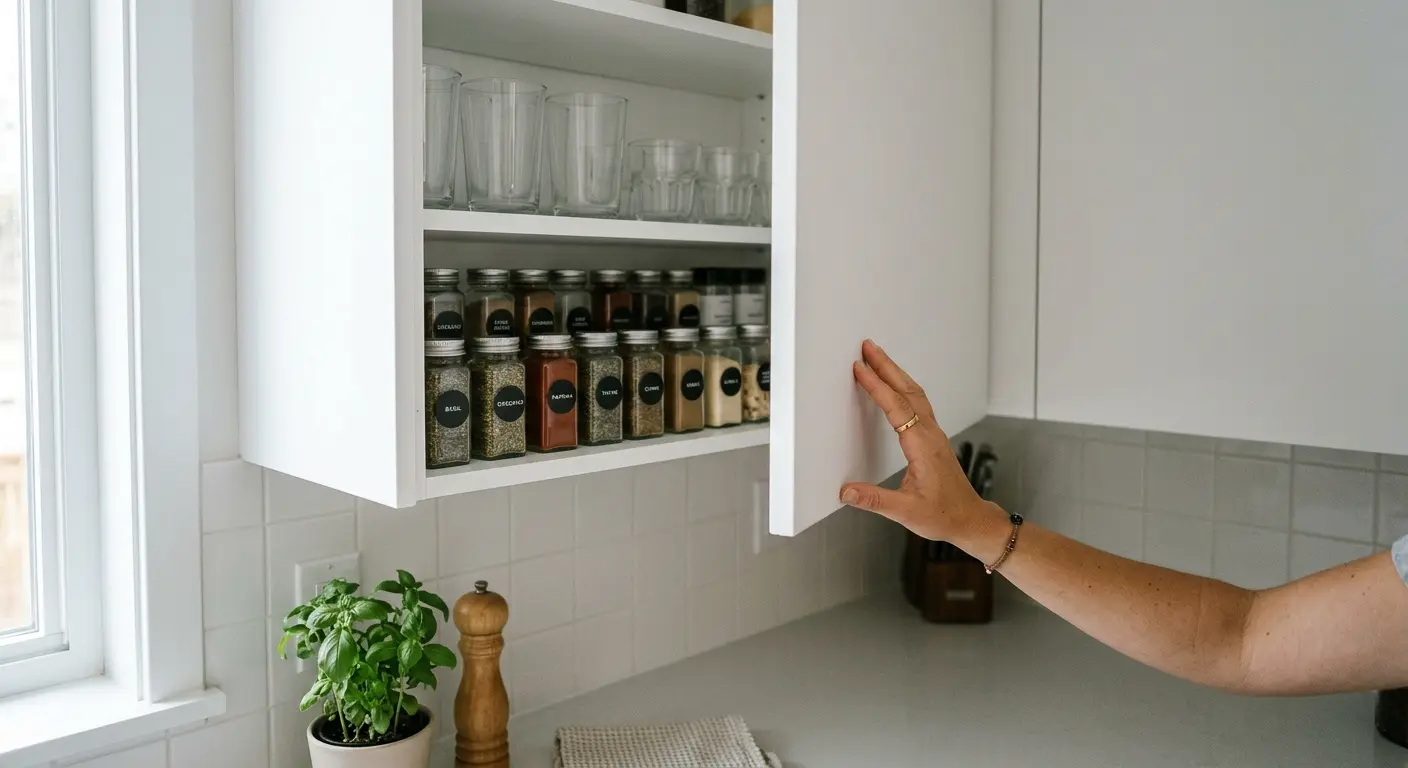 Lemari gantung kitchen set putih dengan ketinggian nyaman dan isi yang tertata rapi
