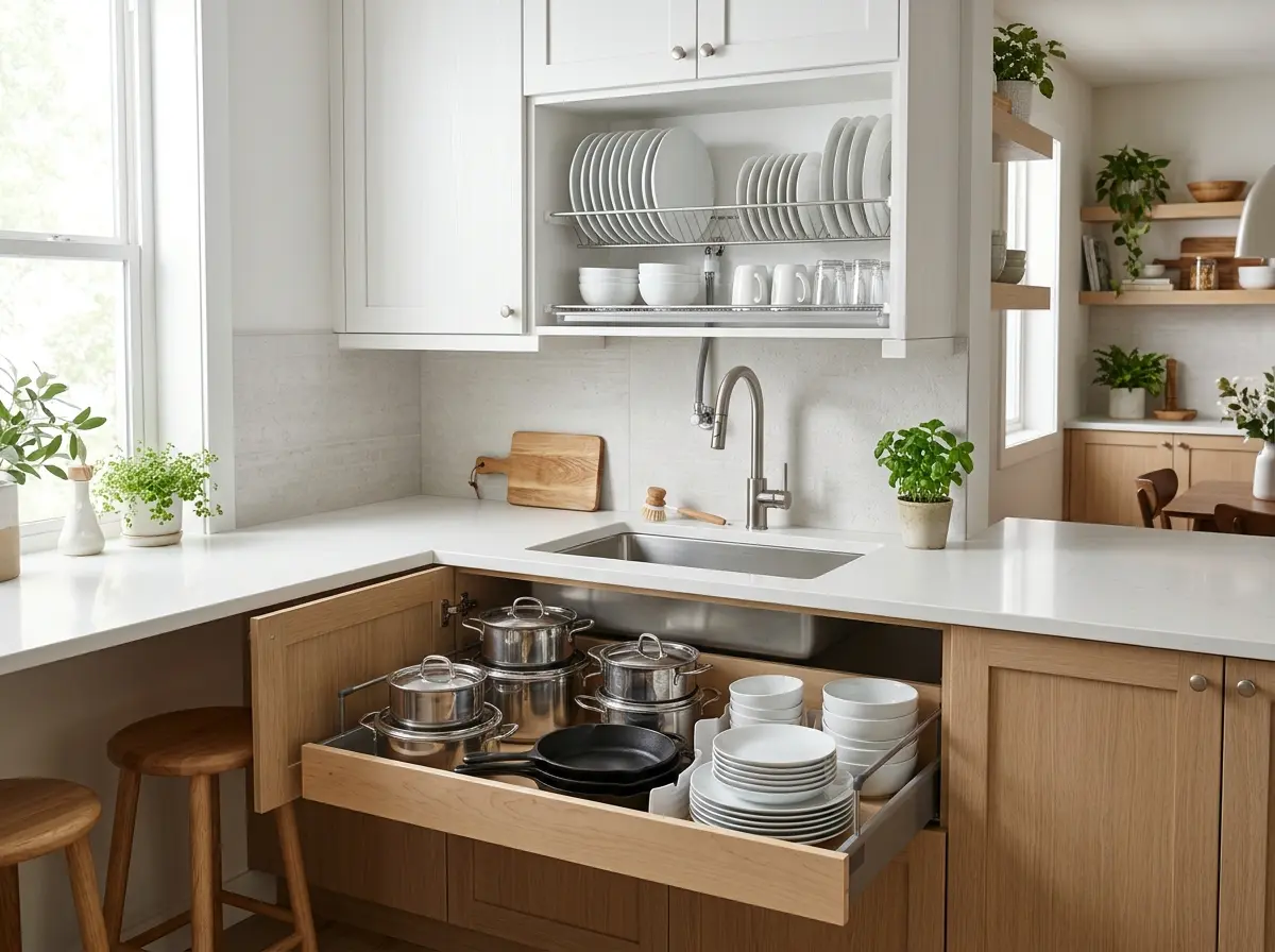 Lemari piring kitchen set dengan rak tiris di atas wastafel dan laci dalam untuk piring dan panci