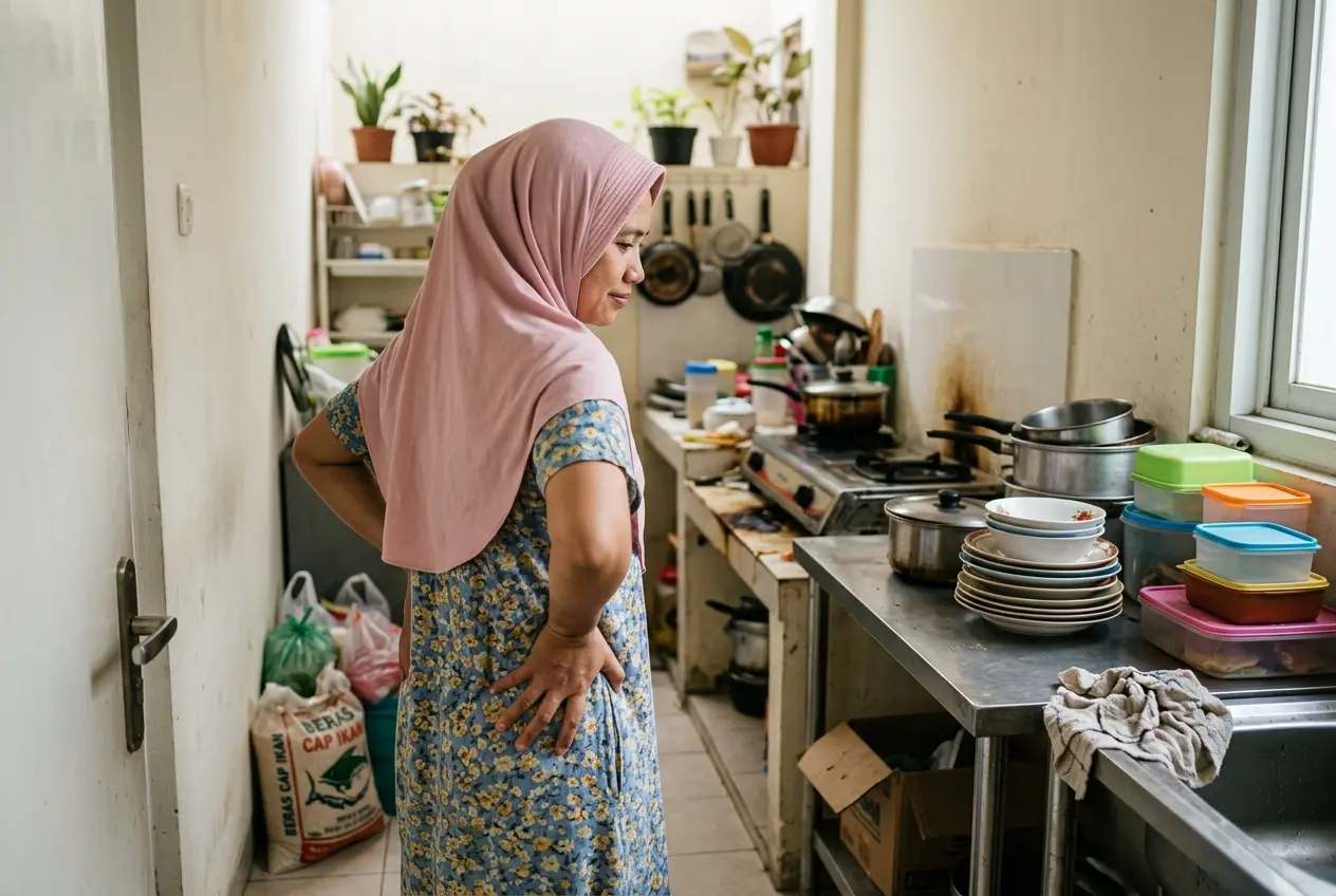 Perempuan berhijab memandangi dapur kecil yang masih berantakan dengan piring dan panci menumpuk di meja