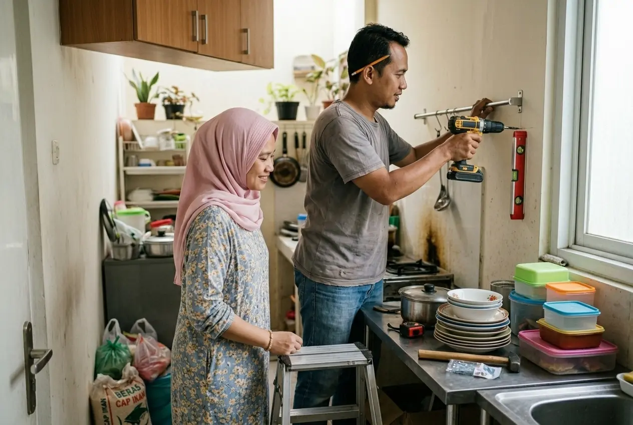 Perempuan berhijab dan suaminya memasang rak dinding dan rel gantung di dapur kecil