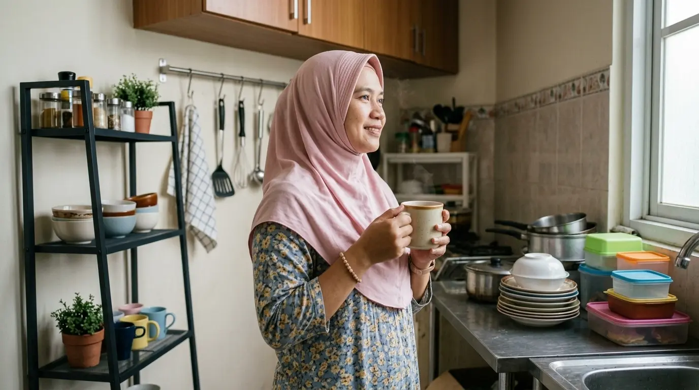 Perempuan berhijab tersenyum di dapur yang sudah rapi dengan rak susun dan toples seragam