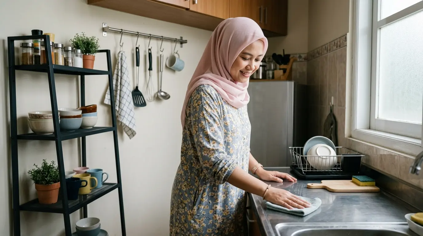 Perempuan berhijab tersenyum di dapur kecil yang rapi tanpa kitchen set