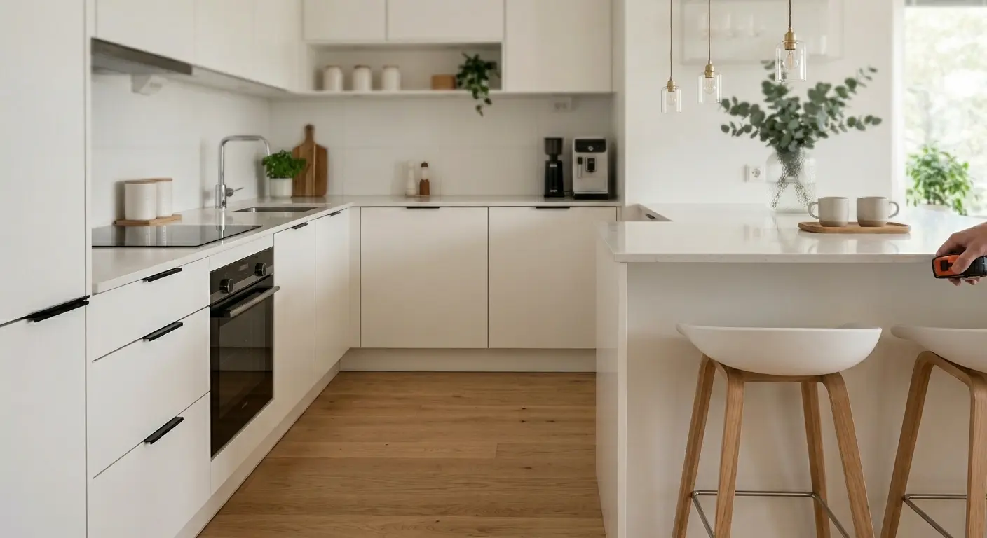 Mini bar dan kitchen set minimalis yang sudah terpasang dengan dua kursi bar dan lampu gantung