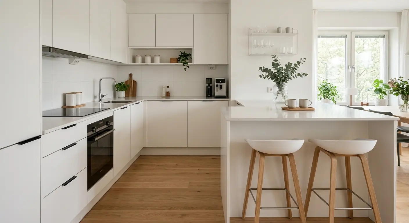 Mini bar dan kitchen set minimalis putih dengan dua kursi bar di dapur yang rapi