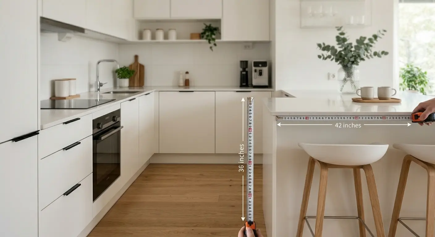 Mengukur tinggi dan panjang mini bar yang menyatu dengan kabinet bawah kitchen set