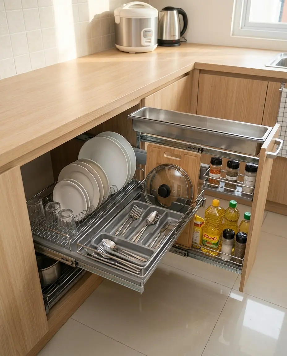 Komponen rak piring set: rak tarik, tempat cutlery, dan tempat talenan