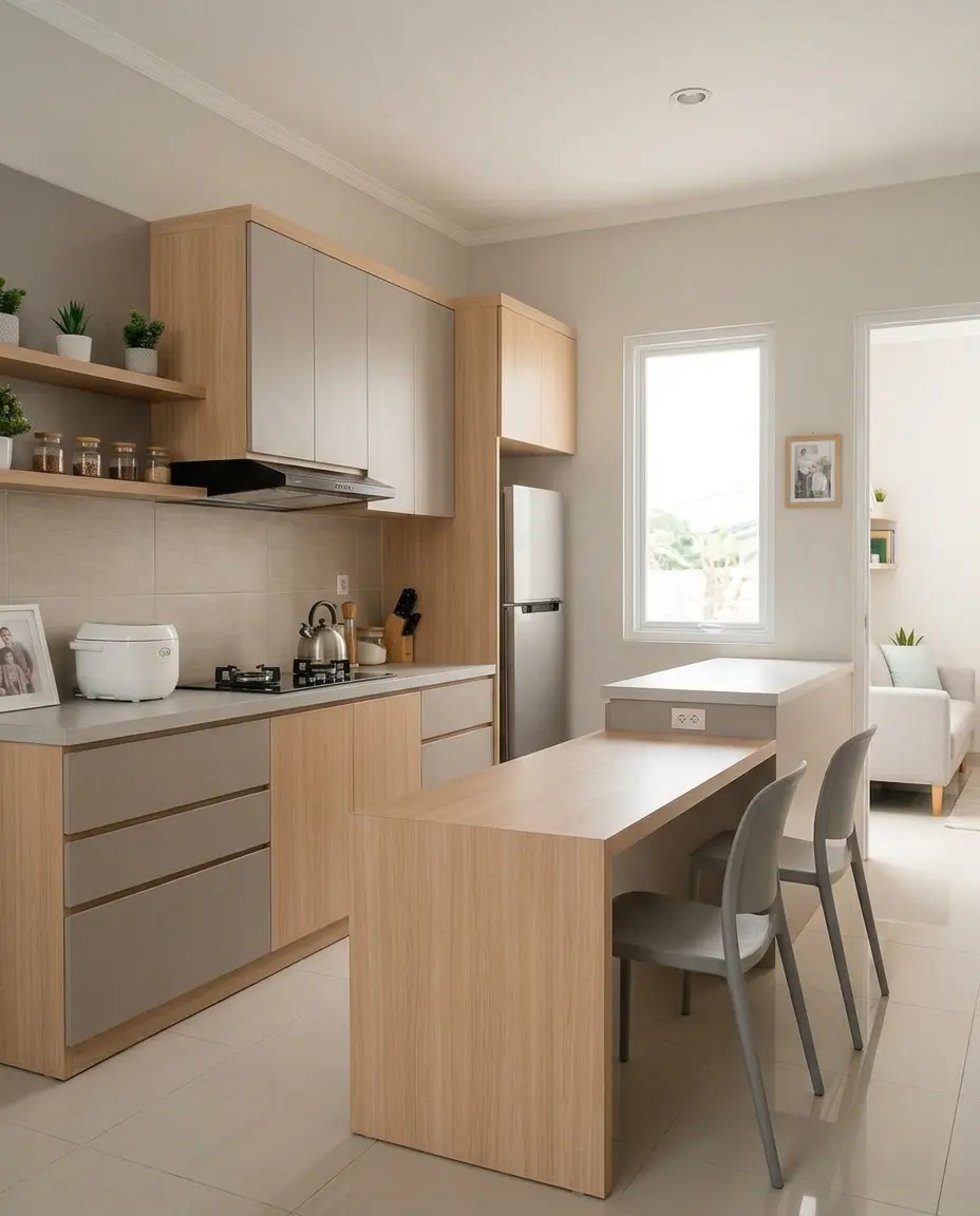 Dapur dan meja makan set minimalis dengan warna netral